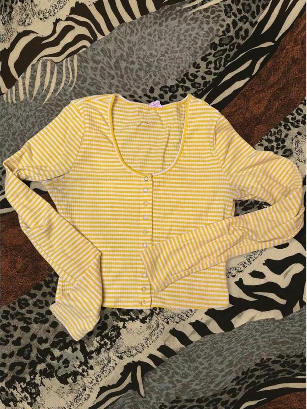 Garage yellow and white striped long sleeve button up shirt